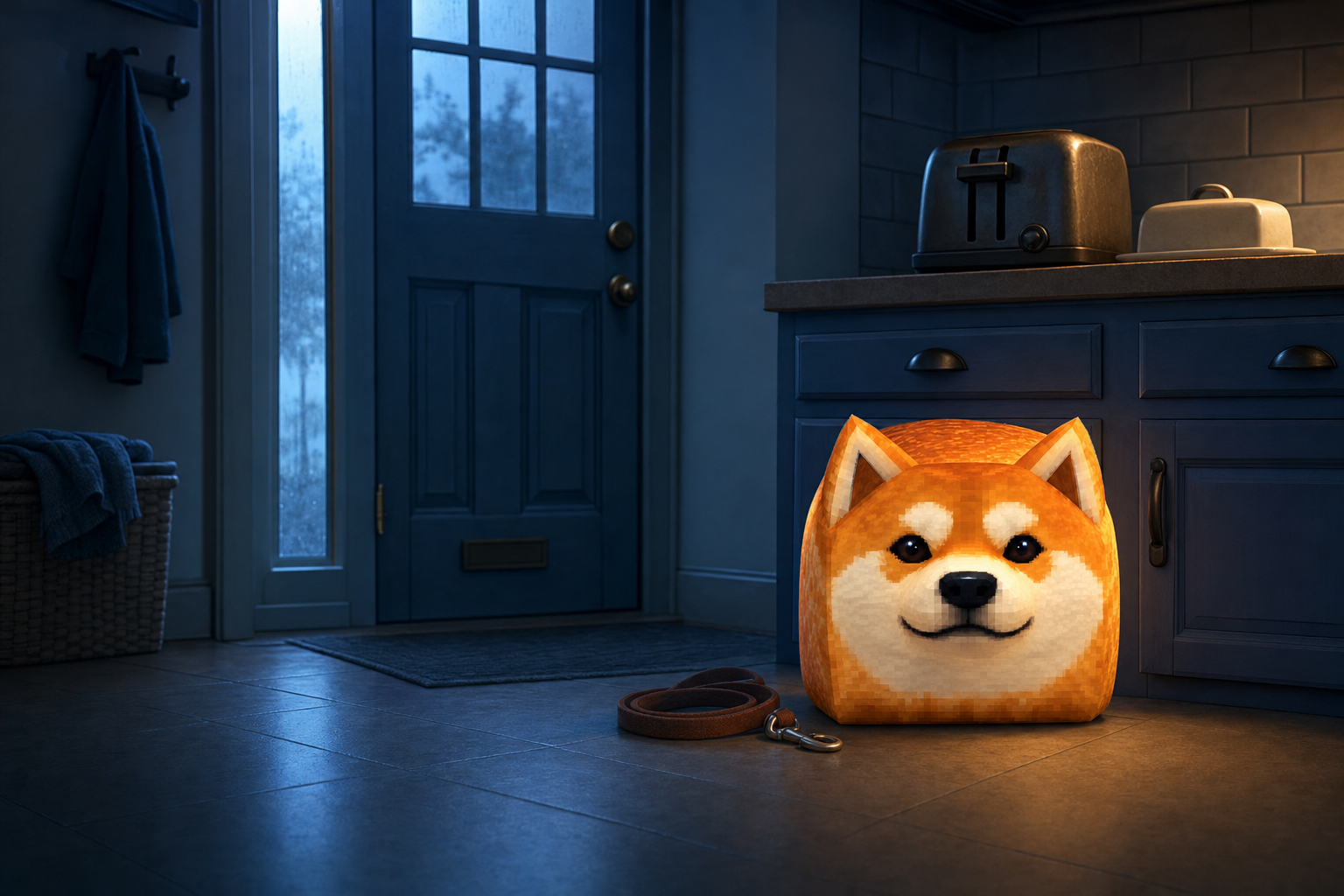 Bread Inu, a square loaf shaped like a shiba, waiting on the kitchen floor between the toaster and the front door, a leash beside him